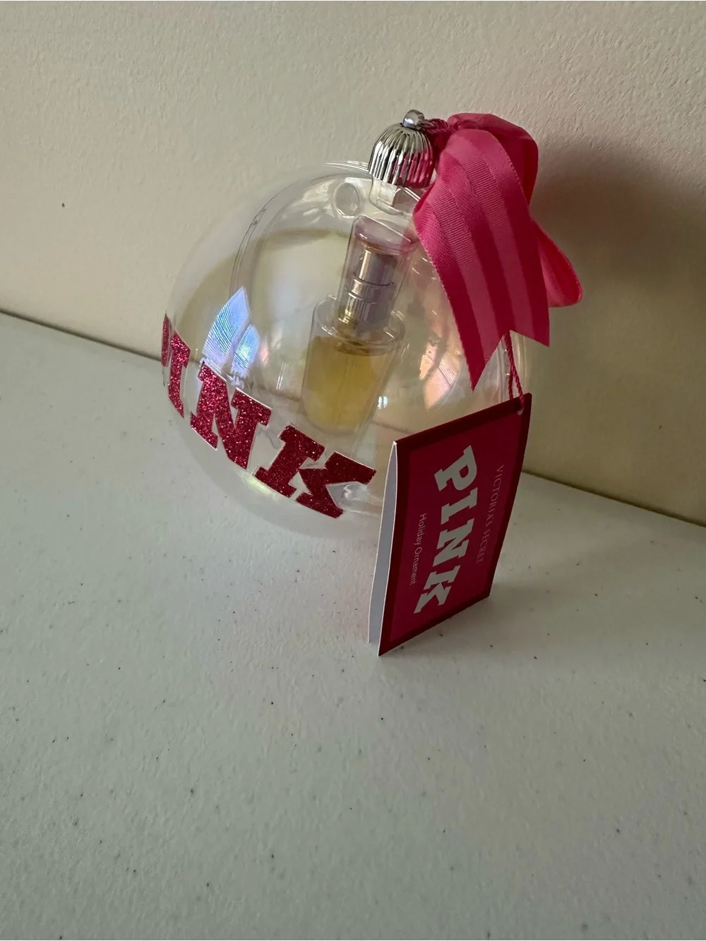 PINK Victoria's Secret Clear Ornament with Pink Glitter Logo and RibbonNEW